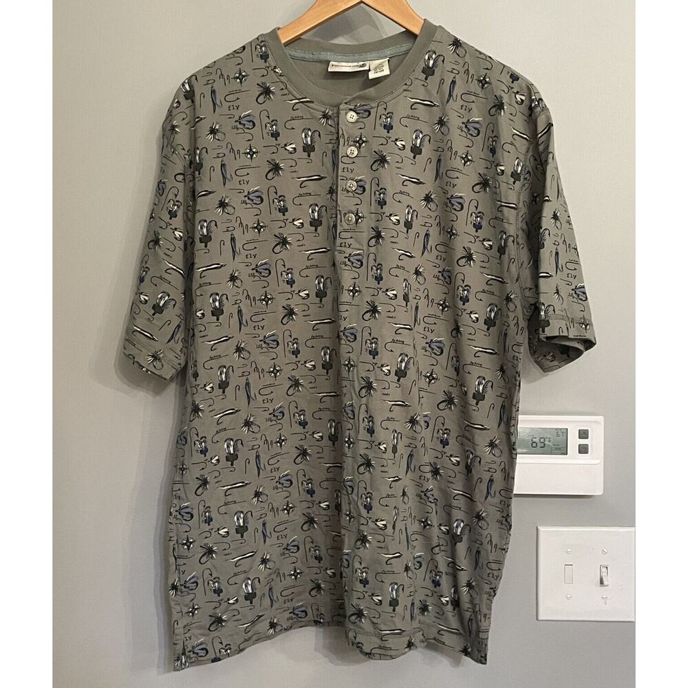 Field Master Shirt Henley Fly Fishing all‎ over print Pullover Mens Large EUC